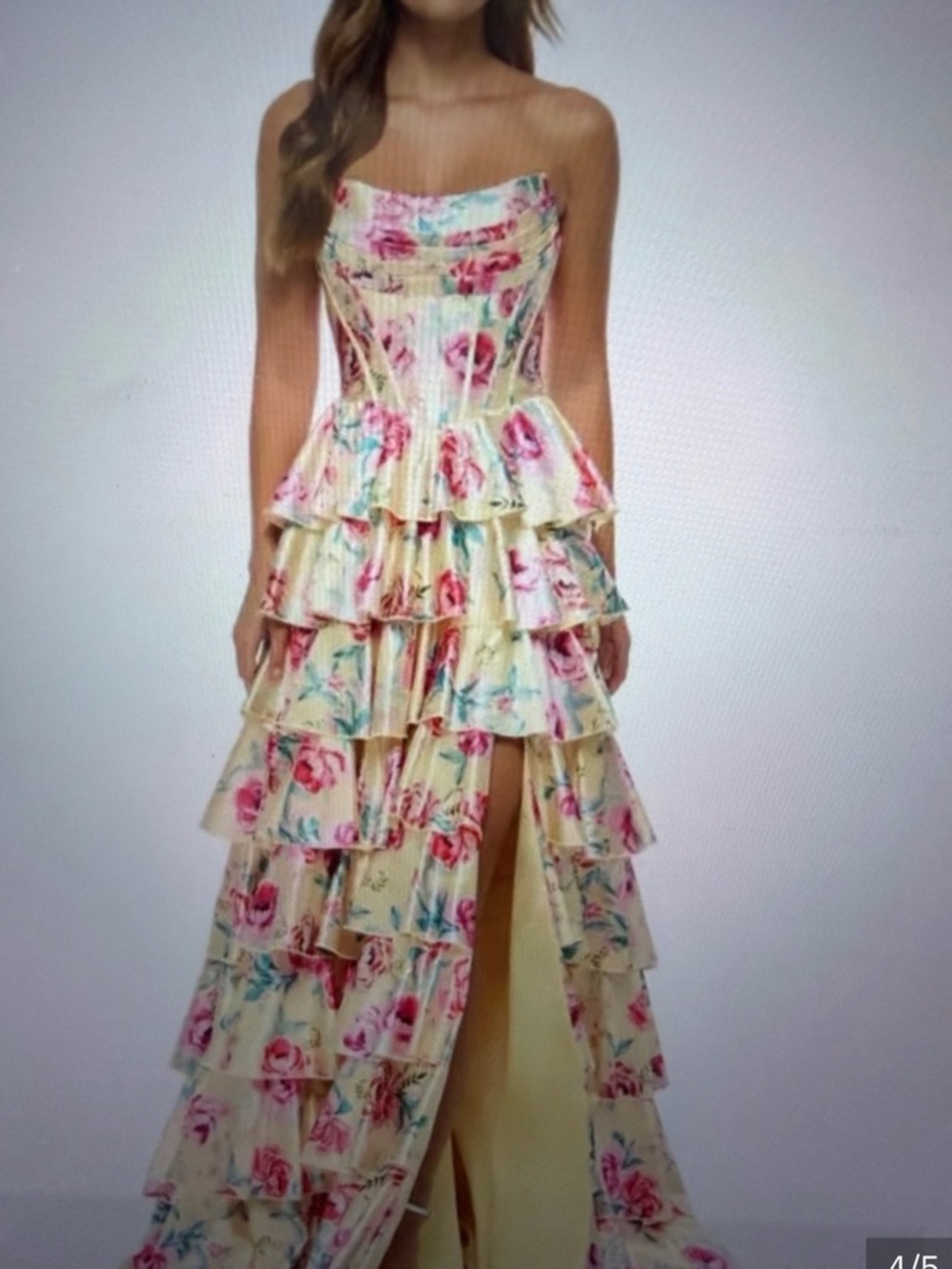 Sherri Hill Floral Tiered High-Low Prom Dress in Cream and Pink - Picture 4 of 6